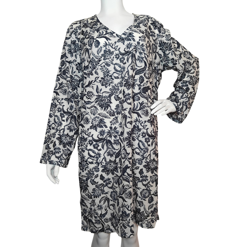 Lands' End Floral Tunic Cover Up Dress Womens L Blue White Cotton Beach